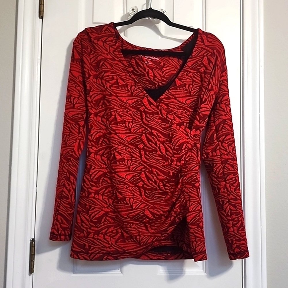 Soft Surroundings Red and Black Dressy Wrap Side Roushing Top​​​​​
